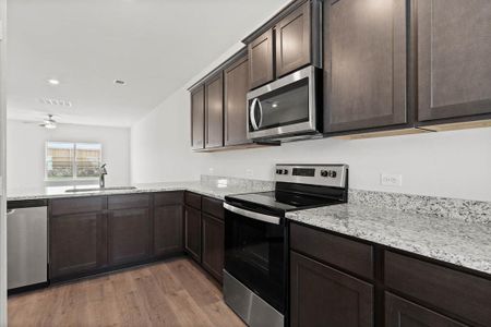 Kitchen featuring wood-style floors, sink, appliances with stainless steel finishes, dark cabinetry, and ceiling fan