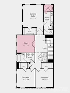 Second Floor Plan - Structural options added include: gourmet kitchen, study, and shower ledge at primary bath