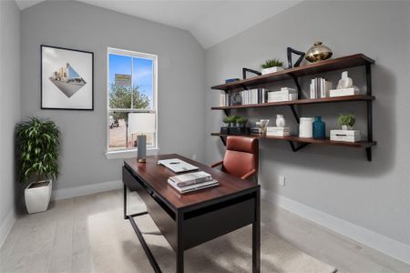 Nestled away quietly in the front of the home is the handsome and grand home office! Featuring high ceilings, ceiling fan, custom paint, large tile flooring, recessed lighting and large windows with privacy blinds!