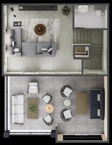 Third floor floorplan showings inside living space and outside balcony space -stock photo