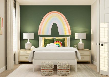 Rendering of a child's bedroom furnished
  wth a white bed and two side tables.Â