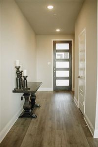 Foyer entrance featuring dark wood-type flooring