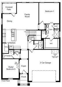 D.R. Horton's Redrock floorplan, 1st floor - All Home and community information, including pricing, included features, terms, availability and amenities, are subject to change at any time without notice or obligation. All Drawings, pictures, photographs, video, square footages, floor plans, elevations, features, colors and sizes are approximate for illustration purposes only and will vary from the homes as built.