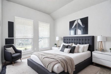 A cozy secondary bedroom with large windows, plush carpet, and spacious closets. The natural light and neutral colors create a serene, inviting atmosphere. Sample photo of similar plan. Actual colors and selections may vary.