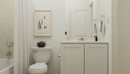 Full bathroom featuring vanity, shower / bathtub combination with curtain, and toilet