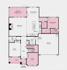 First Floor Plan - Structural options added include: study, fireplace, first floor guest suite, fully finished basement with guest suite, covered outdoor living, additional bath upstairs, and tray ceiling in owner's suite.