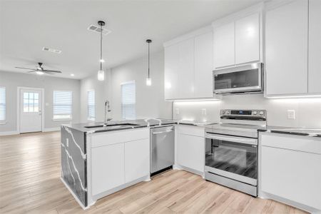 Kitchen featuring pendant lighting, light hardwood / wood-style flooring, appliances with stainless steel finishes, sink, and ceiling fan