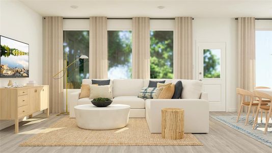 Living area with light hardwood / wood-style floors