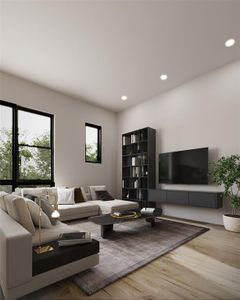 Living room with wood-type flooring