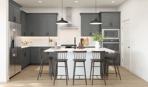 Greyhound cabinets & sprawling quartz island in kitchen