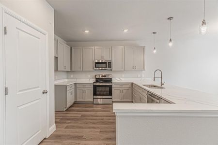 Kitchen with kitchen peninsula, gray cabinets, stainless steel appliances, wood-type flooring, and sink