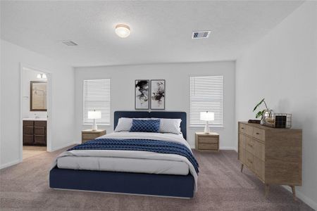 What a wonderful place to come home to, this stunning primary suite greets you with plush carpet flooring, warm custom paint, high ceiling, lighting, large windows with blinds allowing in natural light brightening up this spacious primary bedroom.