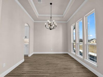 Spare room featuring crown molding, an inviting chandelier, a raised ceiling, and plenty of natural light