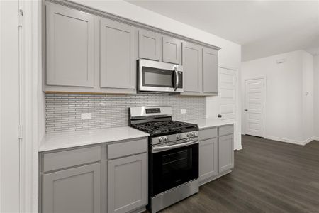 Kitchen featuring gray cabinetry, stainless steel appliances, and dark wood-type flooring