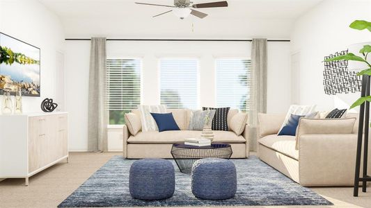 Carpeted living room featuring ceiling fan and lofted ceiling