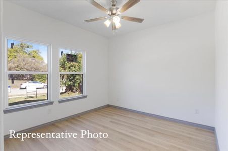 Empty room featuring ceiling fan and light hardwood / wood-style flooring