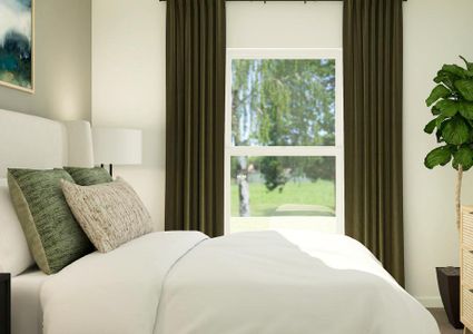 Rendering of a bedroom furnished with a
  large white bed and a light brown dresser.