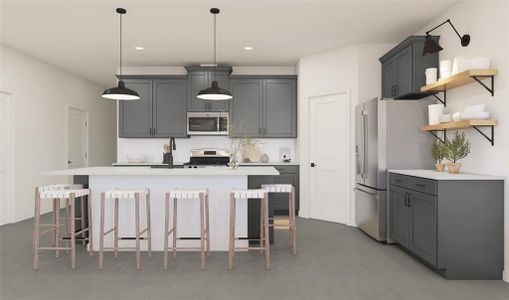 Lovely kitchen with pendant lighting and floating shelves (*Photo not of actual home and used for illustration purposes only.)