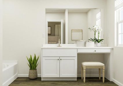 Rendering of the spacious master bath in
  the Hartford floor plan. The vanity has a sink, white cabinets and a built-in
  makeup vanity. A window is on one side and the tub is visible on the other.