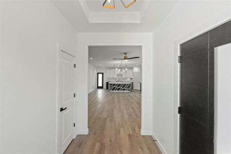 Hall featuring a tray ceiling, sink, and light wood-type flooring