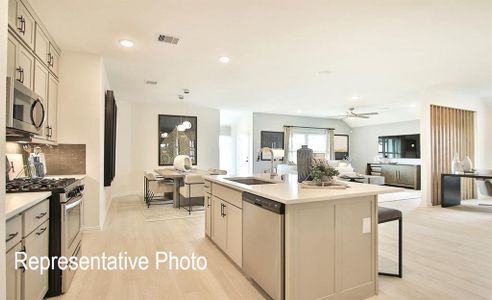 Kitchen with a center island with sink, light wood-type flooring, stainless steel appliances, sink, and decorative light fixtures