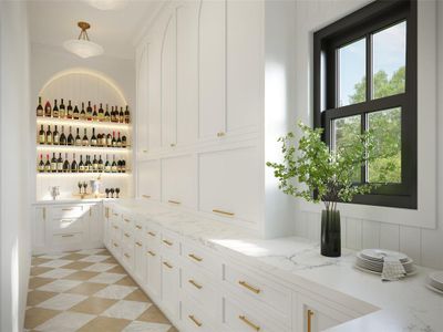 Bar with hanging light fixtures, light stone countertops, and white cabinets