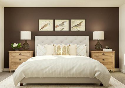 Rendering of the owner's bedroom
  featuring oversized furniture along a dark accent wall and a view of the
  bathroom to the right.