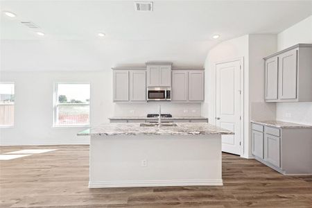 Kitchen with gray cabinets, wood-type flooring, an island with sink, and light stone countertops