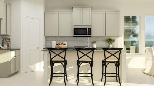 Kitchen with a kitchen bar, gray cabinets, and tasteful backsplash