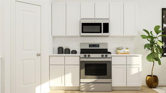 Kitchen with stainless steel appliances, light hardwood / wood-style floors, white cabinets, and tasteful backsplash