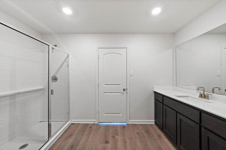 Bathroom with recessed lighting, wood finished floors, vanity, baseboards, and a shower stall