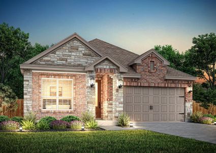 Dusk elevation rendering of the Basswood with brick and stone.