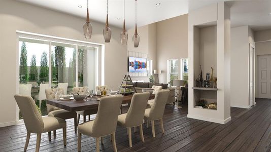 Dining space featuring a towering ceiling and dark wood-type flooring