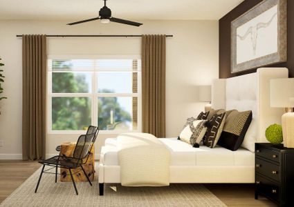 Rendering of the spacious master bedroom
  in the Twinberry. The room has a large window, wood-look flooring and a
  ceiling fan and is furnished with a bed, nightstands, accent chairs and a
  dresser.