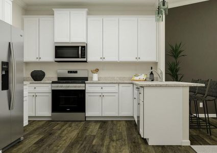 Rendering of the kitchen in the Allatoona
  floor plan. The space has white cabinetry, granite countertops, stainless
  steel Whirlpool brand appliances and wood-style flooring.