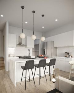 Kitchen featuring wall chimney range hood, white cabinetry, tasteful backsplash, and stainless steel fridge with ice dispenser