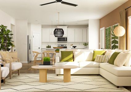 Rendering of living room with
  the kitchen and dinning room in the back. The room is furnished with a large
  white sectional and two side chairs.