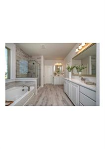 Bathroom with shower with separate bathtub, vanity, and hardwood / wood-style floors