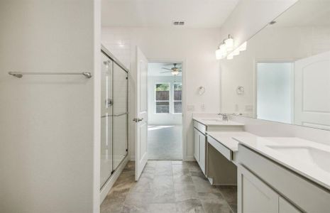 Elegant owner's suite with dual vanity and oversized shower*real home pictured