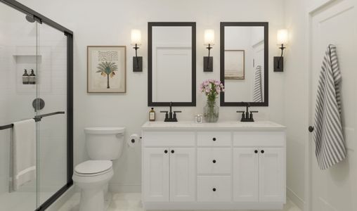 Primary bath with dual sinks and matte black fixtures throughout