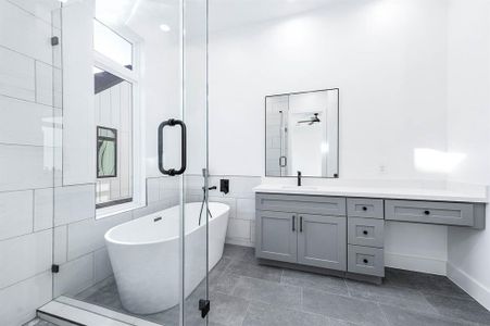 Separate all glass shower next to your soaking tub in the primary bath. Dual van