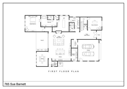 This first-floor plan features a spacious layout with a master bedroom and en-suite bathroom, an additional study/bedroom, and a utility room. The open-concept kitchen and family area lead to a covered porch. There is also a dining room, a bar, and a two-car garage. A foyer with open space enhances the entrance.