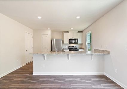 Chef-ready kitchen with gray granite, stainless steel appliances, a breakfast bar and recessed lighting.