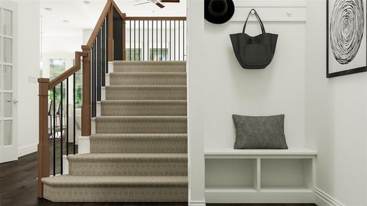 Stairway featuring hardwood / wood-style flooring and ceiling fan