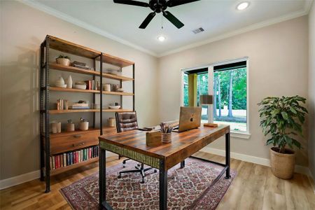 To the right of the entry, through sliding barn doors is your private study. A private study adds a touch of sophistication and privacy to the home. It suggests a space dedicated to concentration, creativity, and productivity.