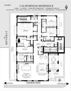 The Californian Floorplan | 4 Bedrooms 4.5 Baths comprised of 4,378SF of interiors with a 368SF covered terrace in addition to having The Beverly’s only 2,016SF uncovered terrace wrapping the Northern, Eastern and Western perimeters of the Residence and fully accessible with direct access from all bedrooms and living areas.