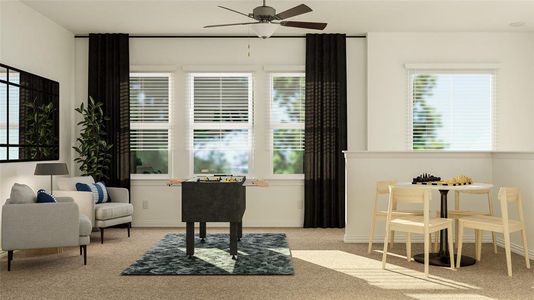 Living area with ceiling fan and light colored carpet