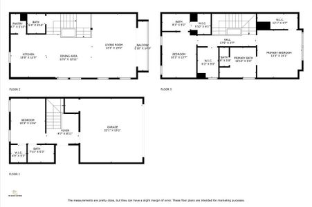 This floor plan depicts a three-story home. The first floor includes a garage, foyer, bedroom, bathroom, and walk-in closet. The second floor features a kitchen, dining area, living room, pantry, bath, and a balcony. The third floor has two bedrooms, two bathrooms, walk-in closets, and a hall. Each room is spacious and well-organized.