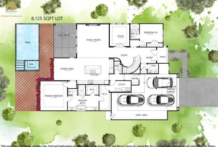 Artist Rendering of 1st floor plan on Site Plan. Pool and Backyard Sod not included.