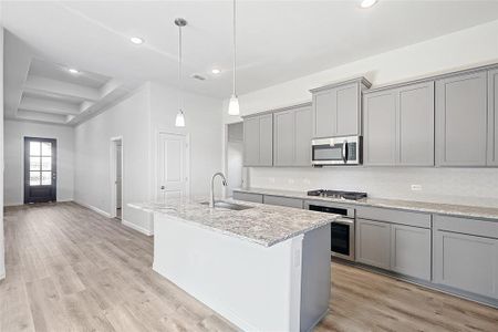 Kitchen with sink, gray cabinets, light wood-type flooring, an island with sink, and stainless steel appliances